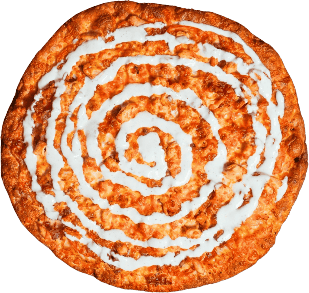 A whole pizza with a creamy white sauce swirl on a toasted golden-brown crust, topped with chunks of what appears to be chicken, perfect for enjoying at Caliente Pizza & Drafthouse in Pittsburgh.
