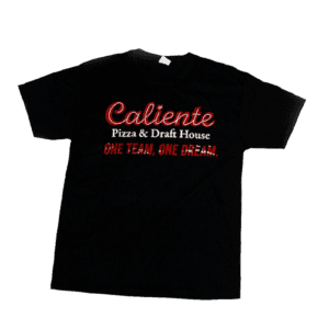 The Caliente Official T-Shirt is a black t-shirt featuring "Caliente Pizza & Draft House" in white and red text, along with "ONE TEAM, ONE DREAM..." in red text on the front—perfect for fans of Pittsburgh Pizza.