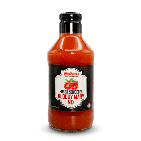 A bottle of Caliente Bloody Mary Mix, inspired by Pittsburgh Pizza, featuring a black label and images of tomatoes.