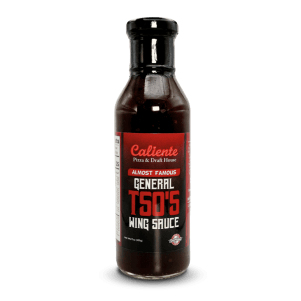 A bottle of Caliente General Tso Sauce from Caliente Pizza & Draft House, labeled "Almost Famous," available at the renowned craft beer bar in Pittsburgh. The sauce comes in a dark-tinted bottle with a black cap.