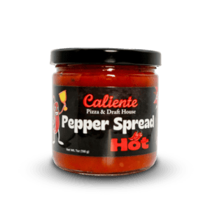 A jar labeled "Caliente Hot Pepper Spread" contains a red pepper spread, with a black lid and a capacity of 7 oz (198g). Perfect for adding some Pittsburgh Pizza flair to your dishes or enjoying at the Craft Beer Bar in Pittsburgh.