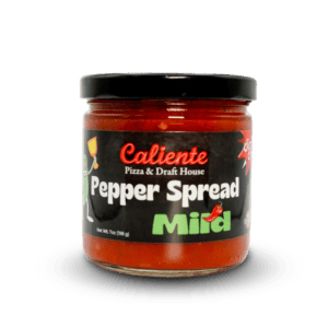 A jar of Caliente Mild Pepper Spread. The label indicates it is a mild variety, perfect for adding a touch of Pittsburgh pizza flair to your dishes. The net weight is 7 ounces (198 grams).
