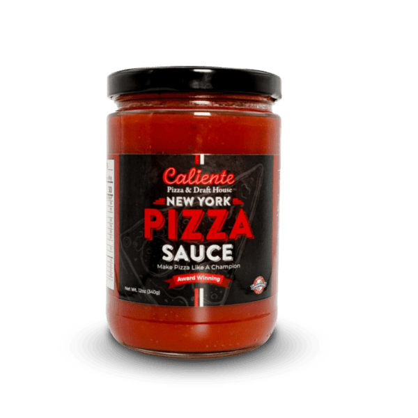 A jar of Caliente New York Pizza Sauce. The label reads "Make Pizza Like a Champion," proudly highlighting its award-winning status. Perfect for replicating the iconic taste found at the best Pittsburgh pizza places and craft beer bars in Pittsburgh.