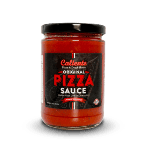 A jar of Caliente Original Pizza Sauce with a black label, red text, and a black screw-on lid displayed on a white background, perfect for recreating that authentic Pittsburgh pizza experience at home.