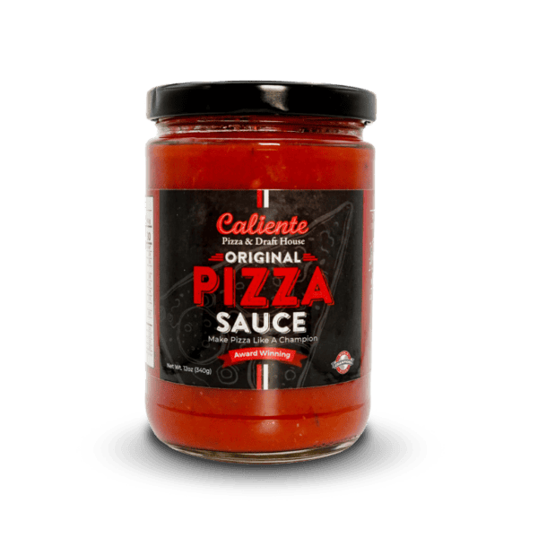 A jar of Caliente Original Pizza Sauce with a black label, red text, and a black screw-on lid displayed on a white background, perfect for recreating that authentic Pittsburgh pizza experience at home.