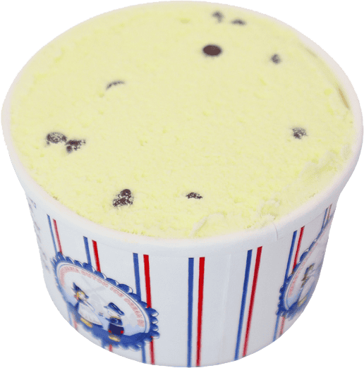 A tub of mint chocolate chip ice cream with chocolate chunks, in a white container with blue and red stripes and a winter scene illustration, perfect for enjoying after a delicious dinner from your favorite Pittsburgh Pizzeria.
