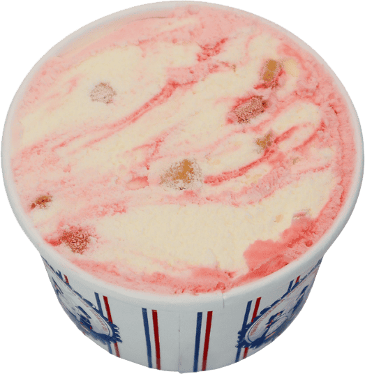 A tub of ice cream with a red and white swirl pattern inside, in a container with blue and red stripes, perfect for enjoying after a visit to Caliente Pizza or while hanging out at your favorite Craft Beer Bar in Pittsburgh.