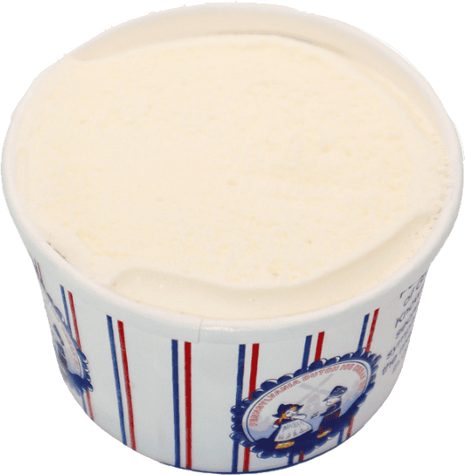 A round container of plain vanilla ice cream with a partially uncovered lid, featuring a striped blue and red design with a logo reminiscent of Pittsburgh Pizza branding.