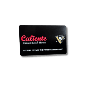 Black gift card with "Caliente Pizza & Draft House" logo and text: "Official Pizza of the Pittsburgh Penguins.