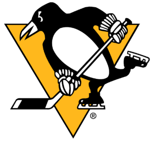 Penguin wearing skates and holding a hockey stick stands in front of a yellow triangle.
