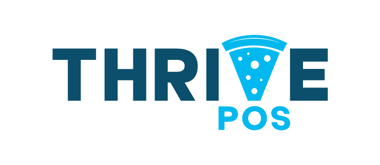 The image showcases the "THRIVE POS" logo, cleverly incorporating a pizza slice in blue as the letter 'I'. Proudly supported by sponsors, this design embodies creativity and teamwork.