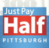 The logo features a red and blue background, proudly displaying the text "Just Pay Half Pittsburgh" alongside our valued sponsors.